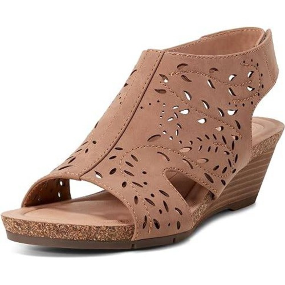 Earth Halin3 Womens Brown Laser Cut Perforated Slingback Wedge Sandals Size 8W